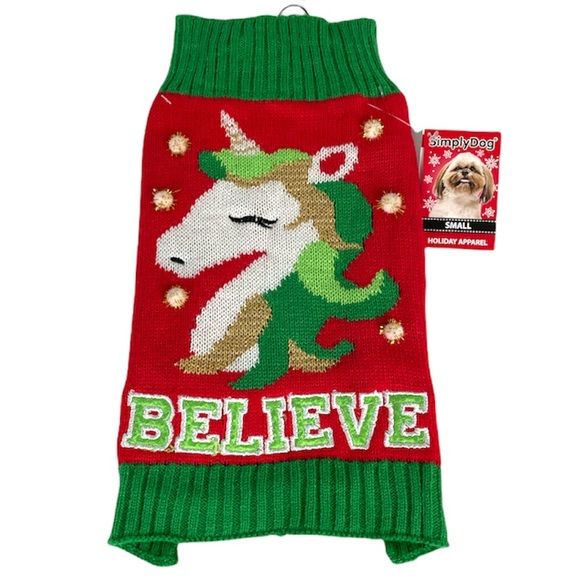Simply Dog Unicorn Believe Dog Sweater, Red, Green, Small - Picture 1 of 5